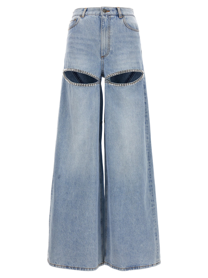 Wide Leg Crystal Slit Jeans Light Blue