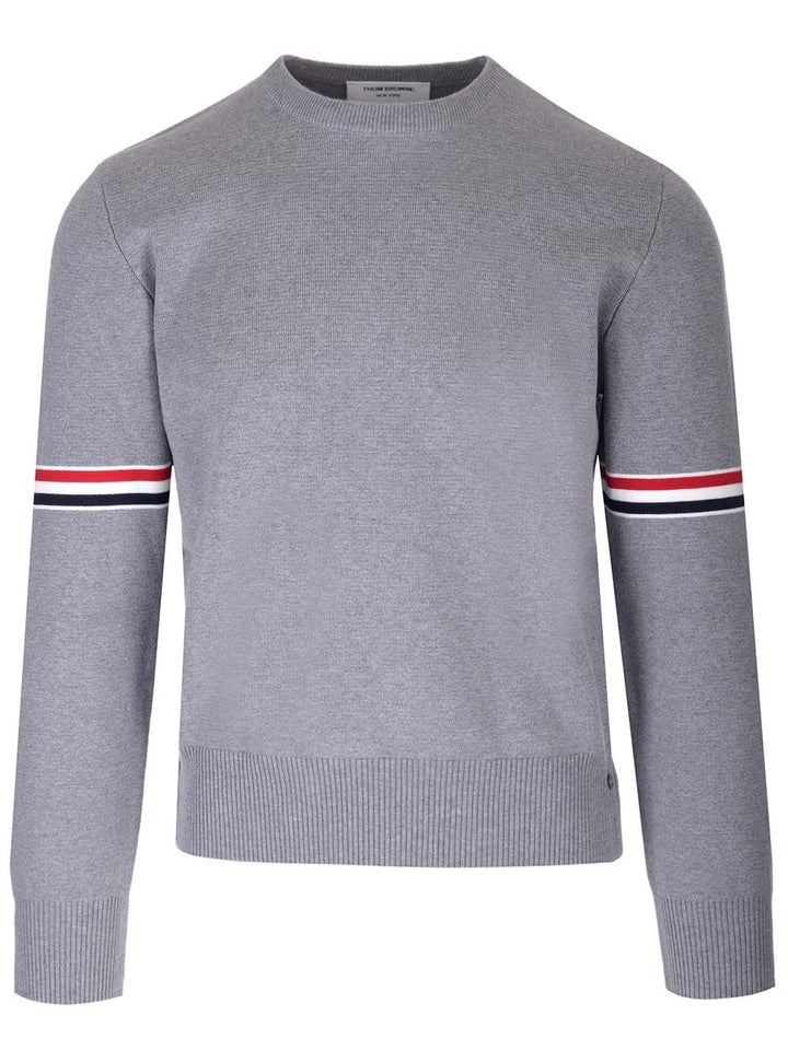 Thom Browne Milano Stitch Crew Neck Pullover W/ Rwb Stripe Sleeves In Cotton Knitwear - Grey | ec30b5c8ba13cdf45840c750f7cc8ba3b9f9d8fe