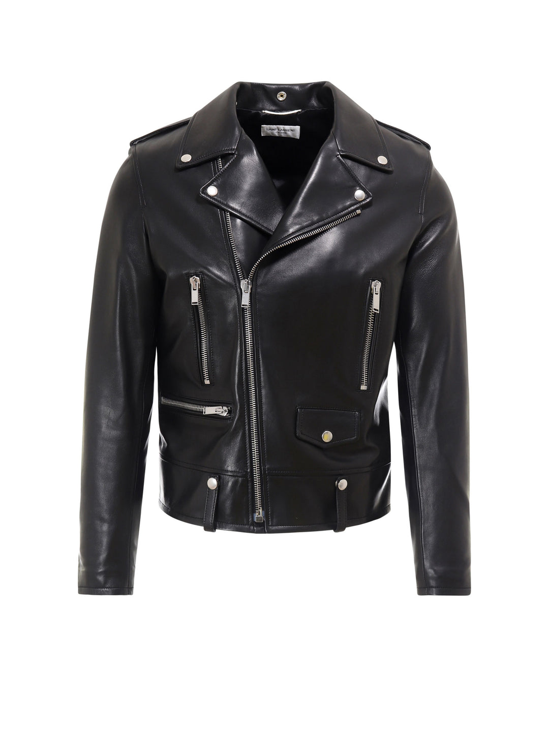 Leather jacket with leather and metal snap buttons details