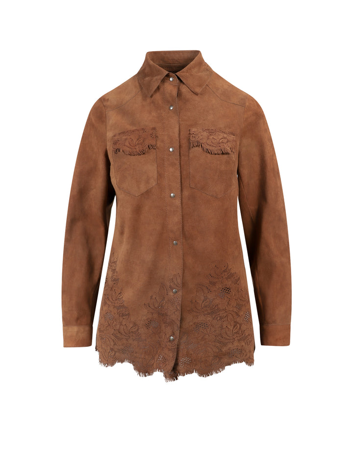 Suede shirt with floral embroideries