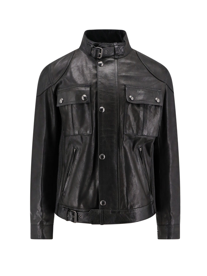 Leather jacket with strap details