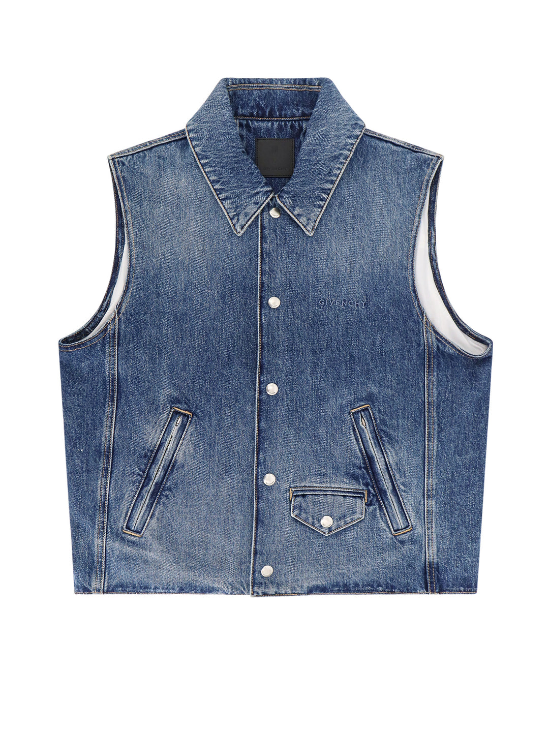 Denim sleeveless jacket with embroidered logo