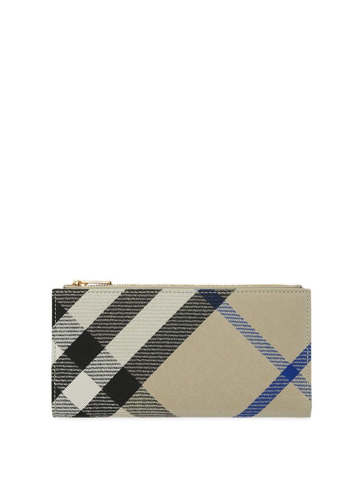 Fabric wallet with Check motif, leather lining and closure with snap buttons