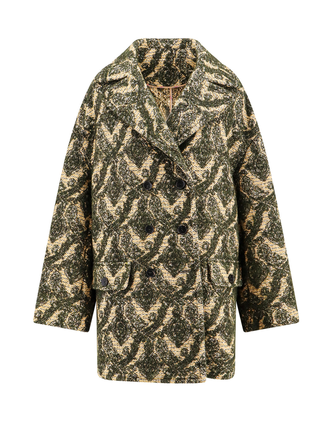 Double-breasted coat with multicolor motif