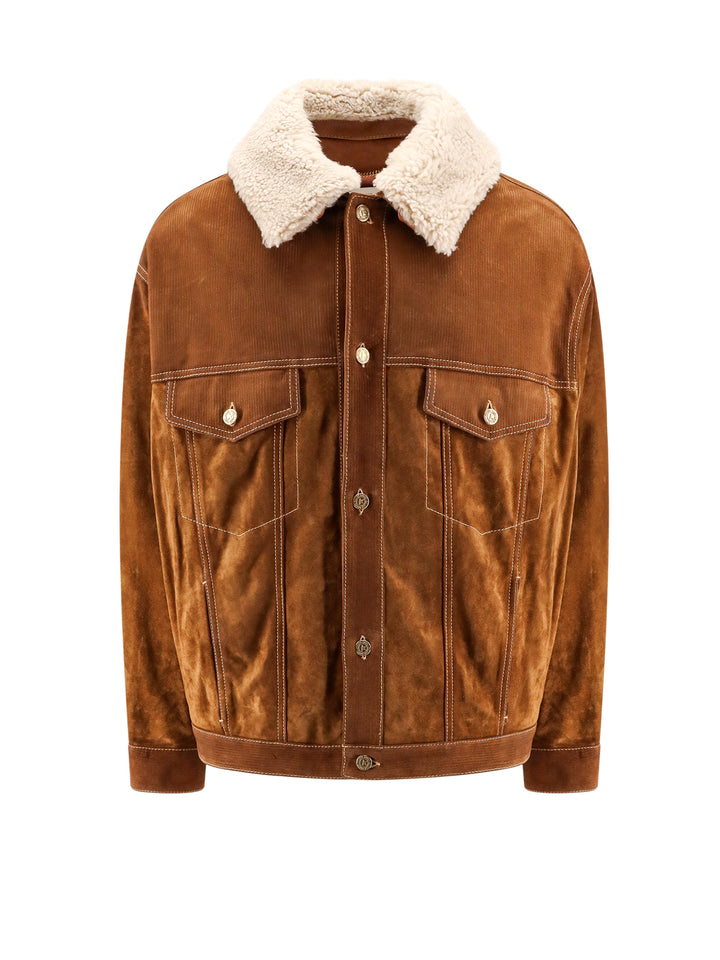 Suede jacket with removable fur collar