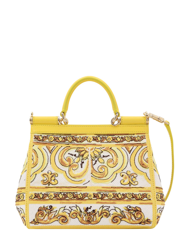 Leather and fabric handbag with Majolica motif