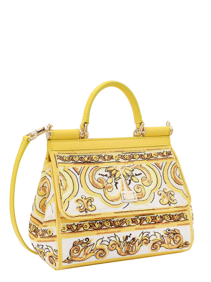 Leather and fabric handbag with Majolica motif