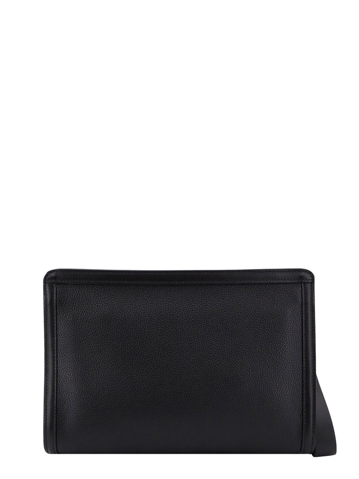 Leather clutch with frontal logo patch