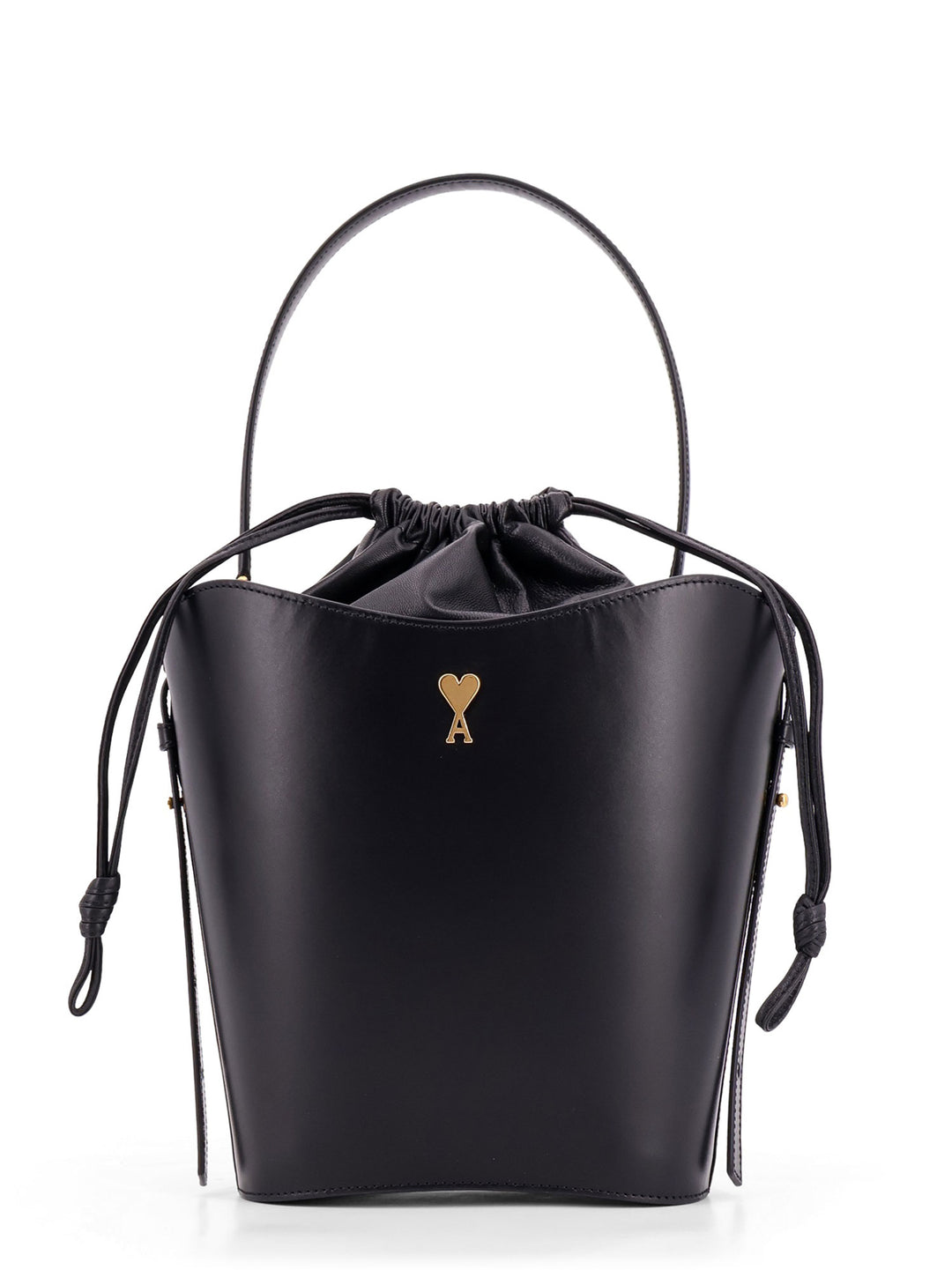 Leather bucket bag with metal logo