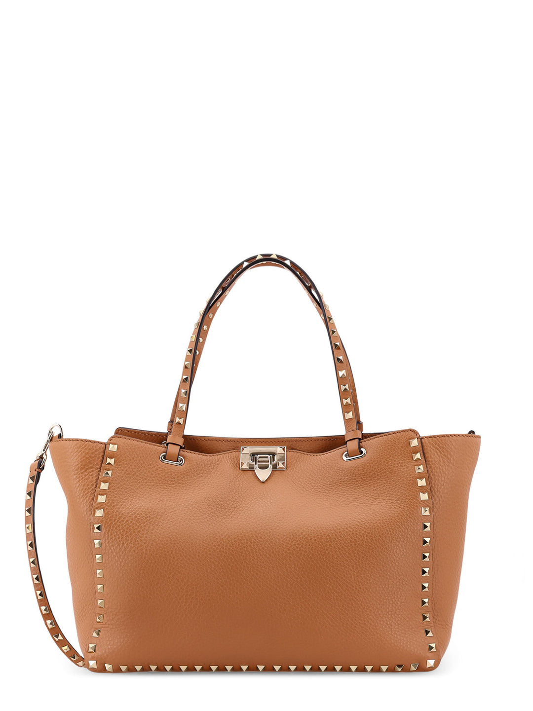 Hammered leather shoulder bag with iconic studs, metal hook closure and removable shoulder strap