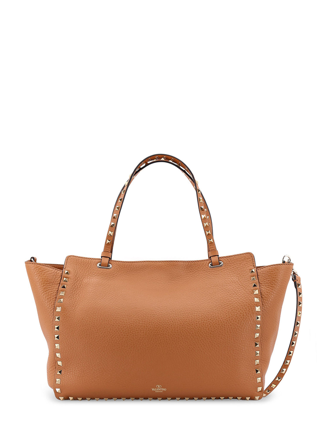 Hammered leather shoulder bag with iconic studs, metal hook closure and removable shoulder strap