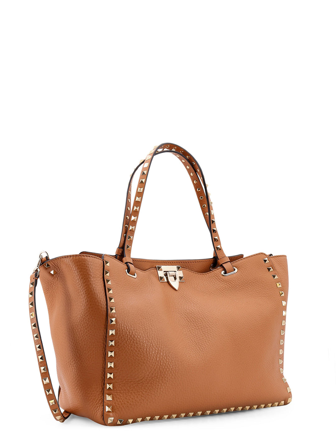 Hammered leather shoulder bag with iconic studs, metal hook closure and removable shoulder strap