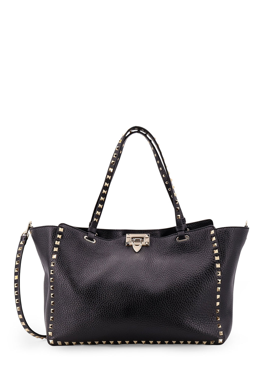 Hammered leather shoulder bag with iconic studs, metal hook closure and removable shoulder strap