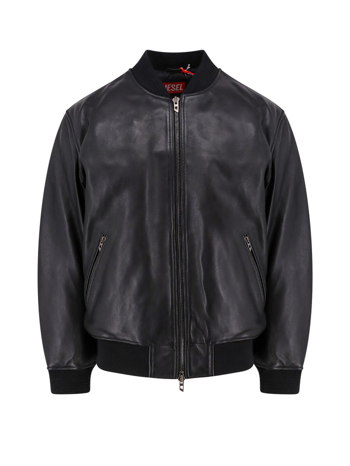 Padded leather jacket with ribbed profiles