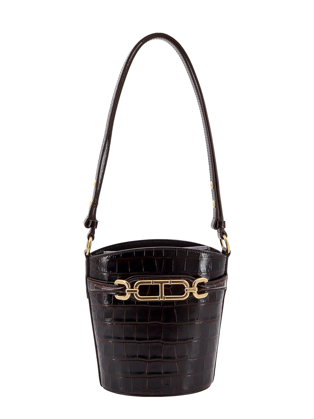 Croco-effect leather bucket bag with Whitney T detail