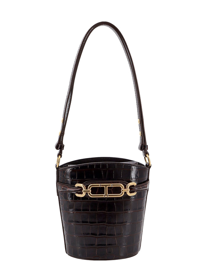 Croco-effect leather bucket bag with Whitney T detail