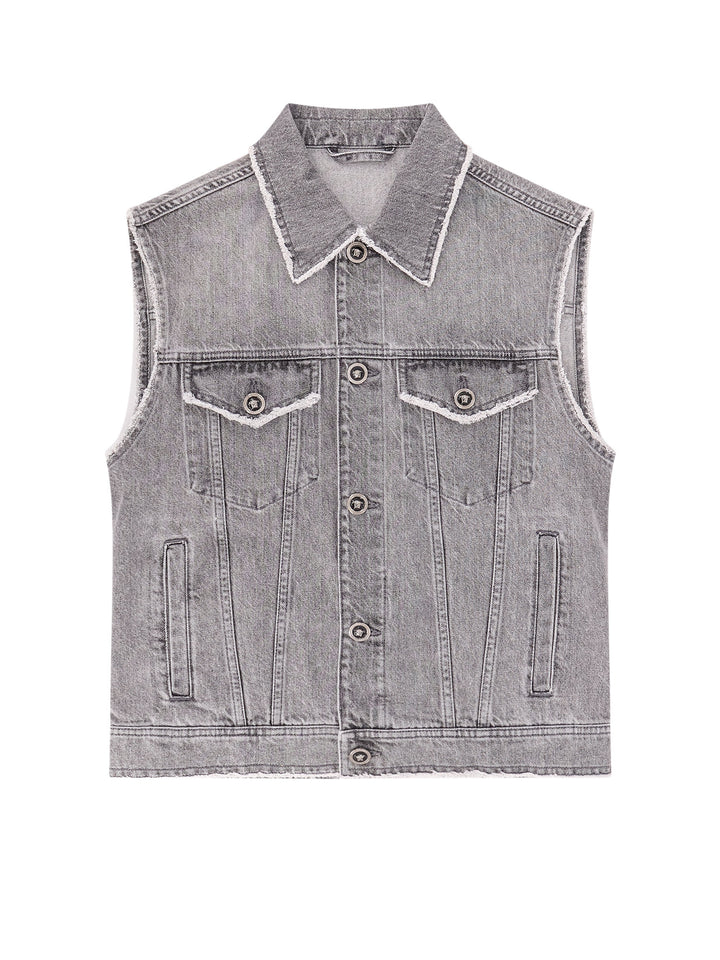 Denim sleeveless jacket with ripped profiles