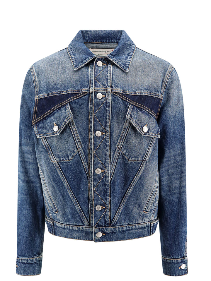 Denim jacket with stitching and contrasting inserts