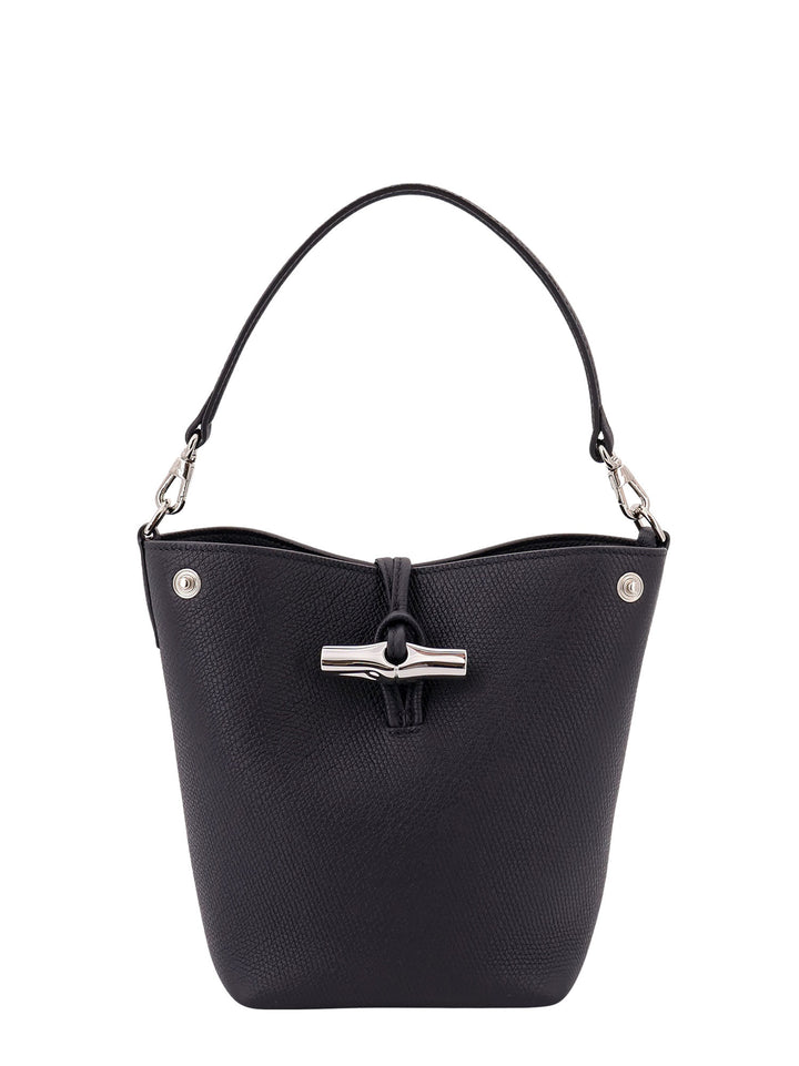 Leather bucket bag with lateral snao buttons