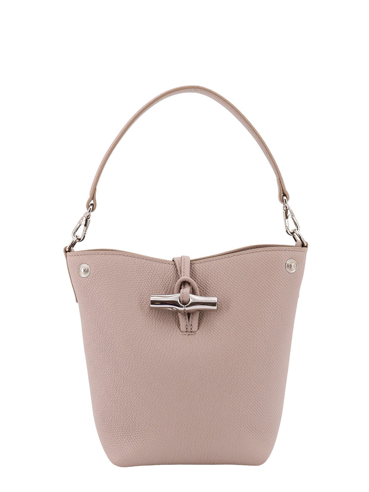 Leather bucket bag with lateral snao buttons