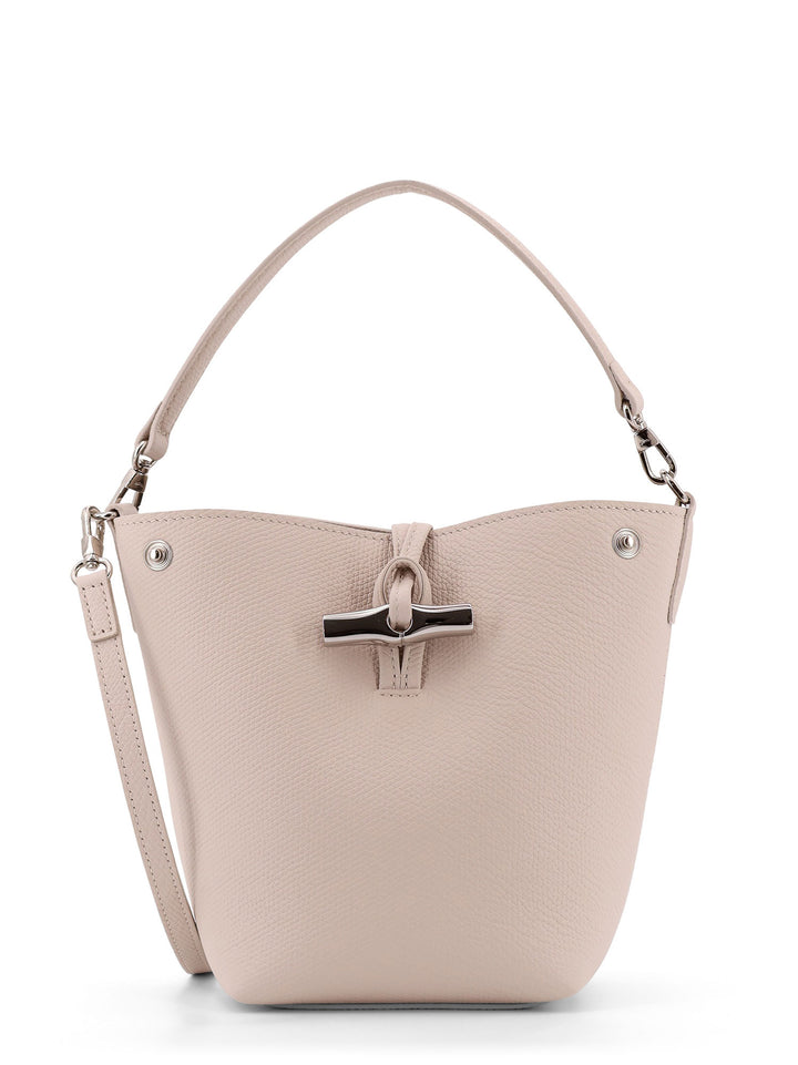 Leather bucket bag with lateral snao buttons