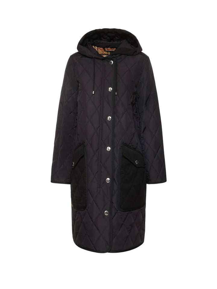 Quilted nylon jacket with hood, snap buttons and front pockets with flap and button