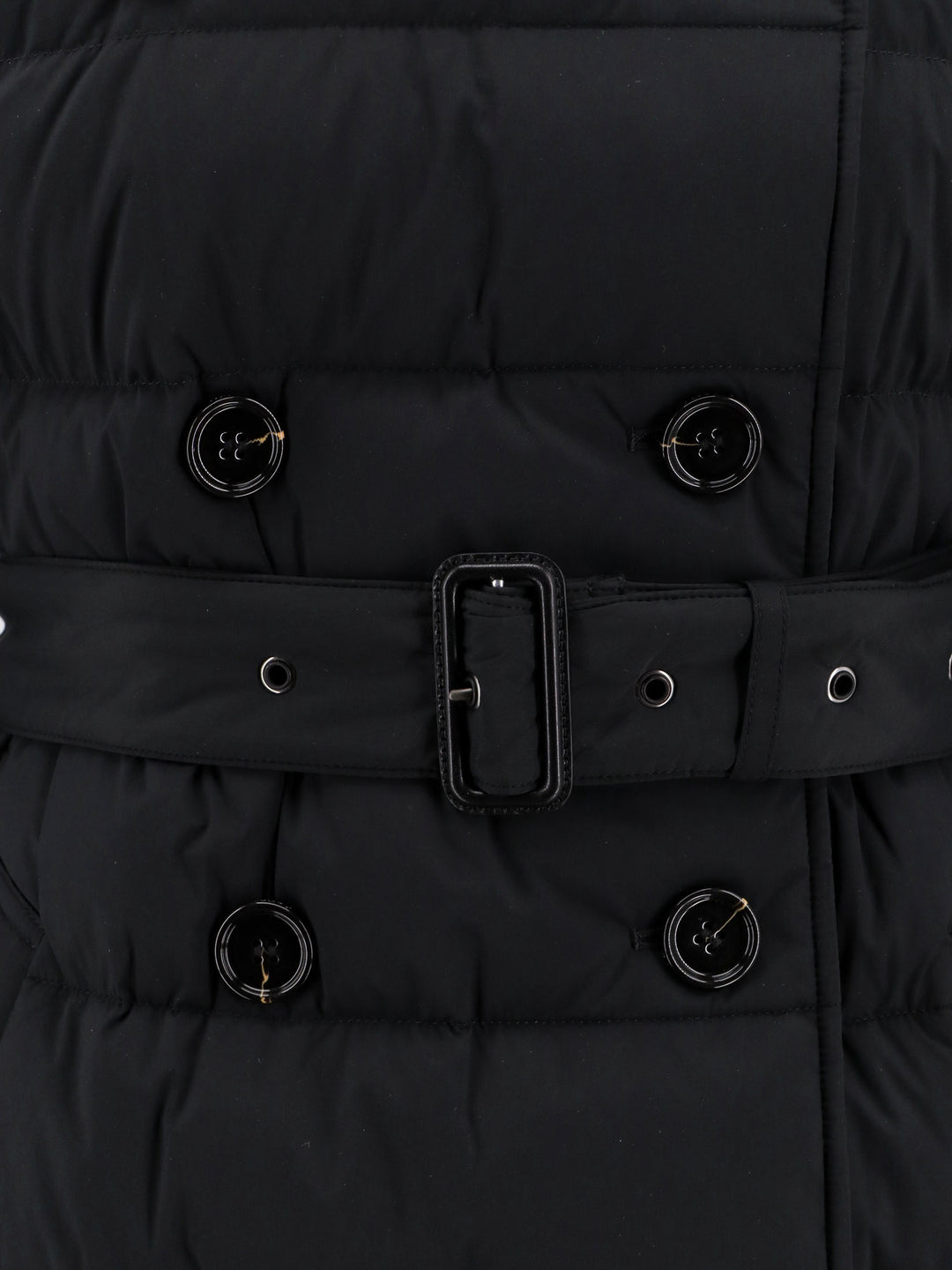 Double-breasted padded jacket with belt and removable hood