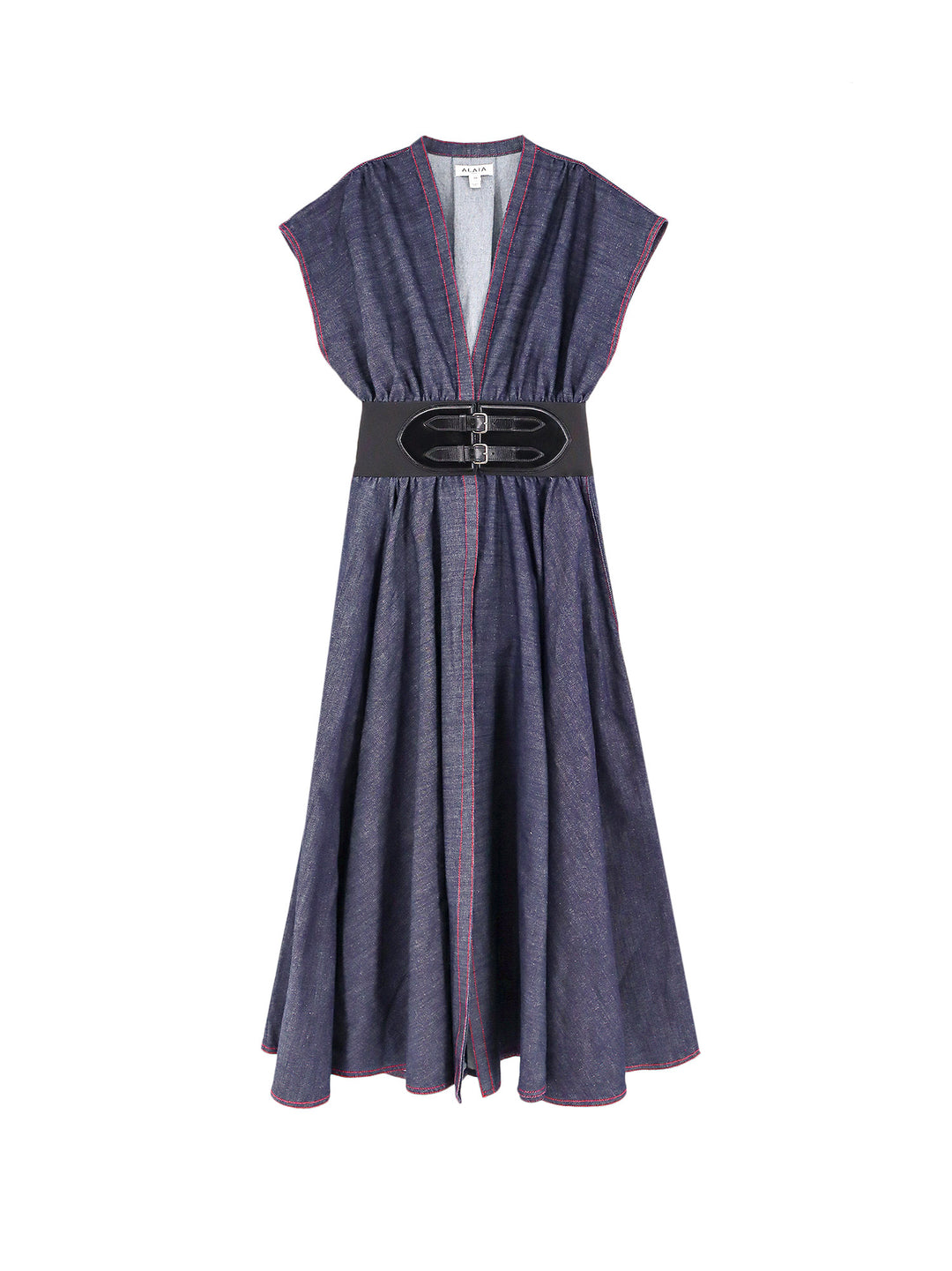 Denim dress with leather stretch belt