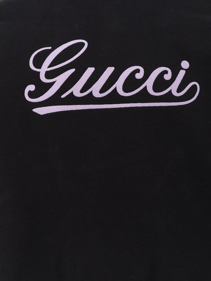 Cotton sweatshirt crew-neck with ribbed profiles and Gucci logo print on the front