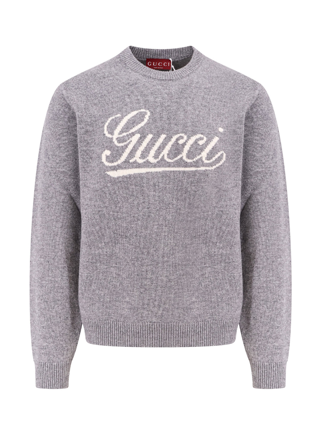 Wool crew-neck sweater with long sleeve and Gucci inlay on the front