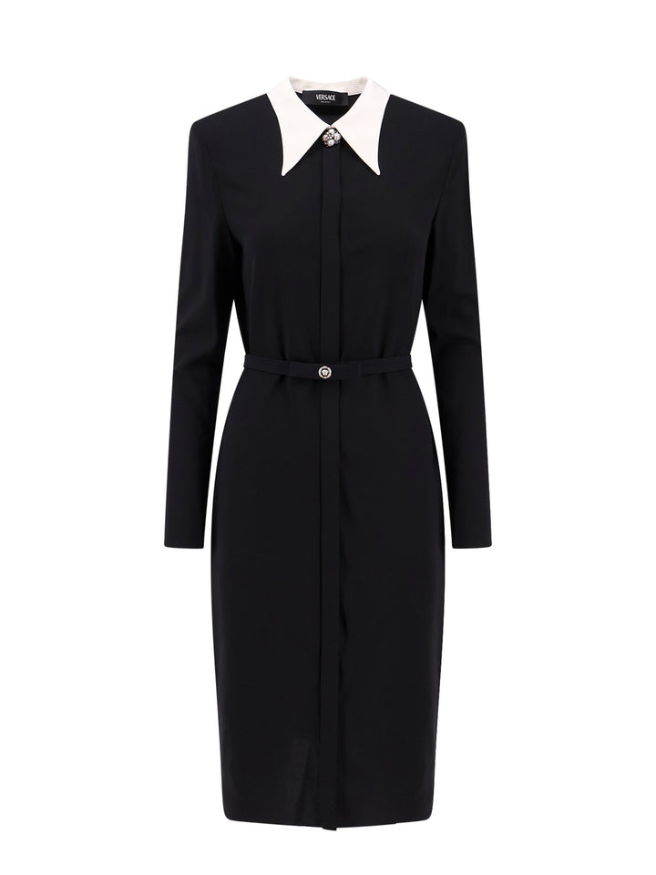 Responsible viscose dress with contrasting collar, removable double collar and stretch belt