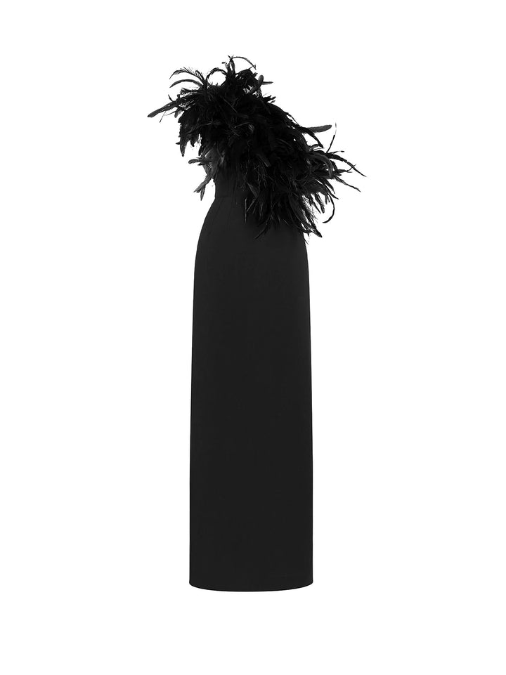 Cady stretch dress with frontal rooster's feathers