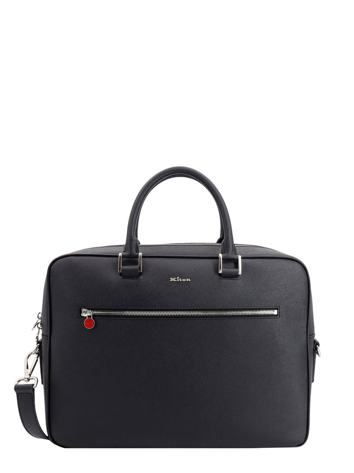 Leather briefcase with frontal logo