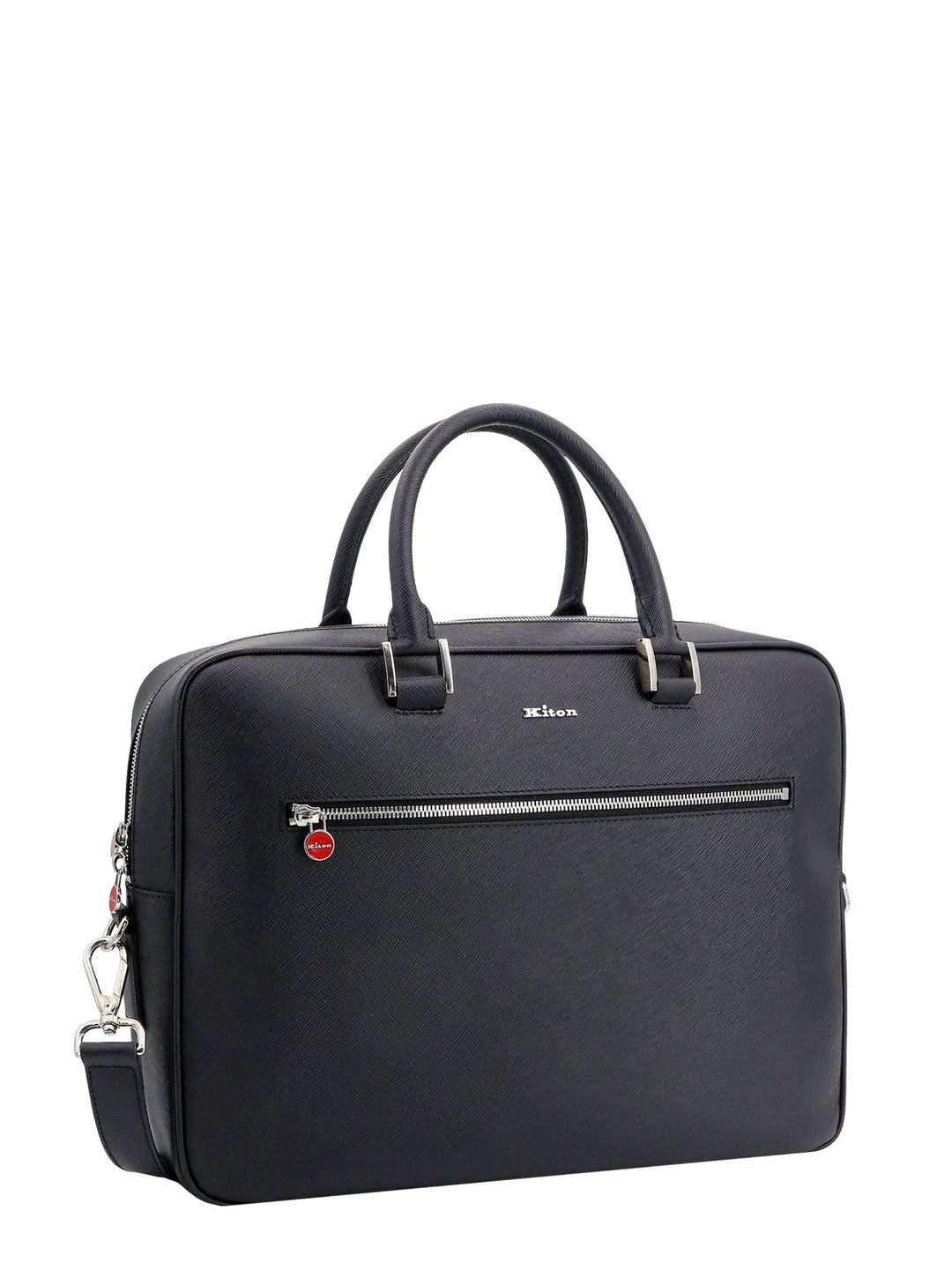 Leather briefcase with frontal logo