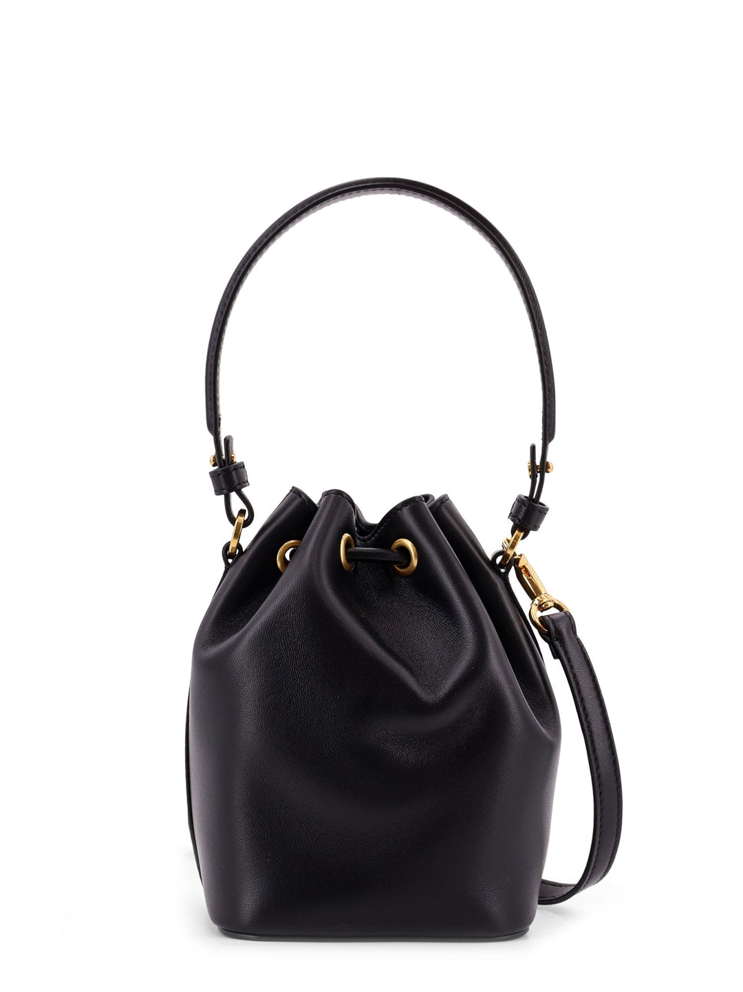 Leather bucket bag with metal logo detail on the front