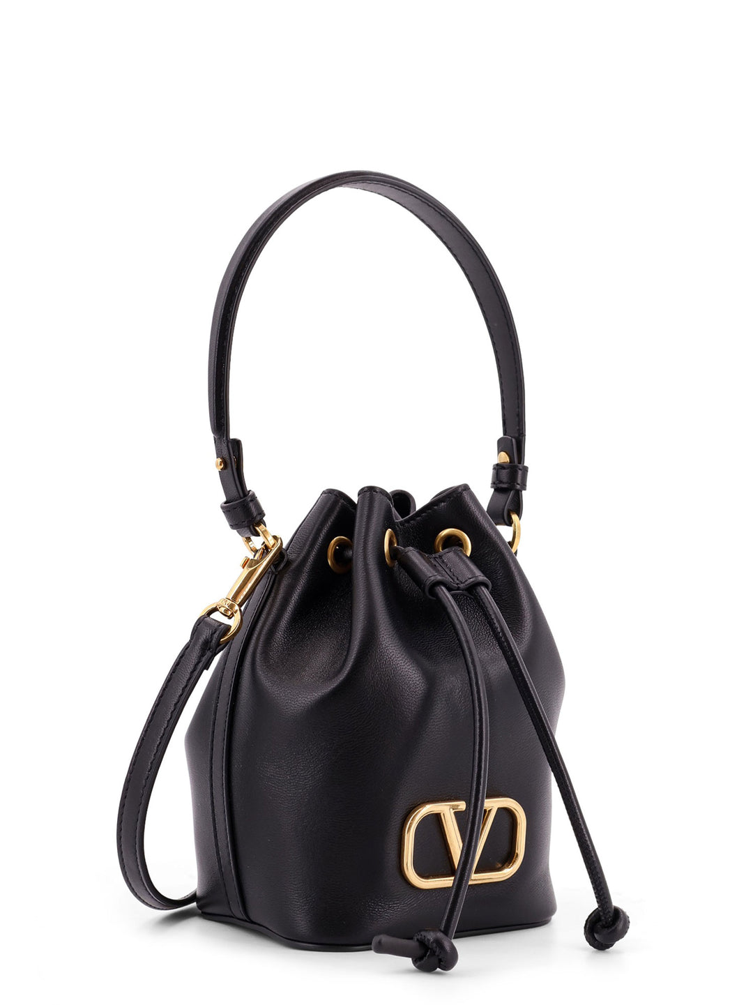 Leather bucket bag with metal logo detail on the front