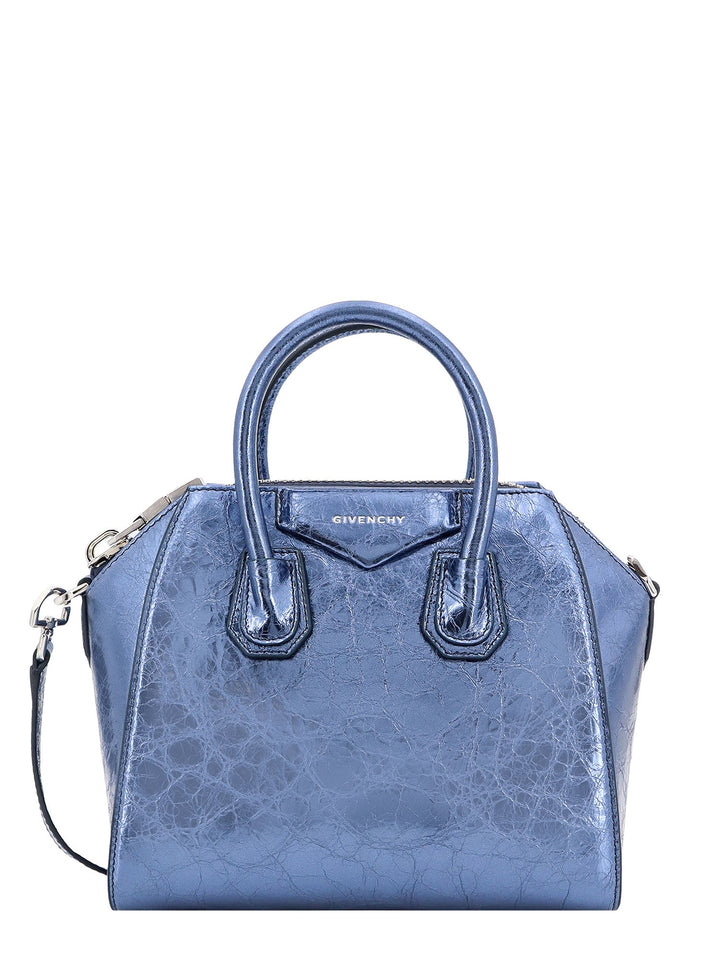 Laminated leather handbag with frontal logo