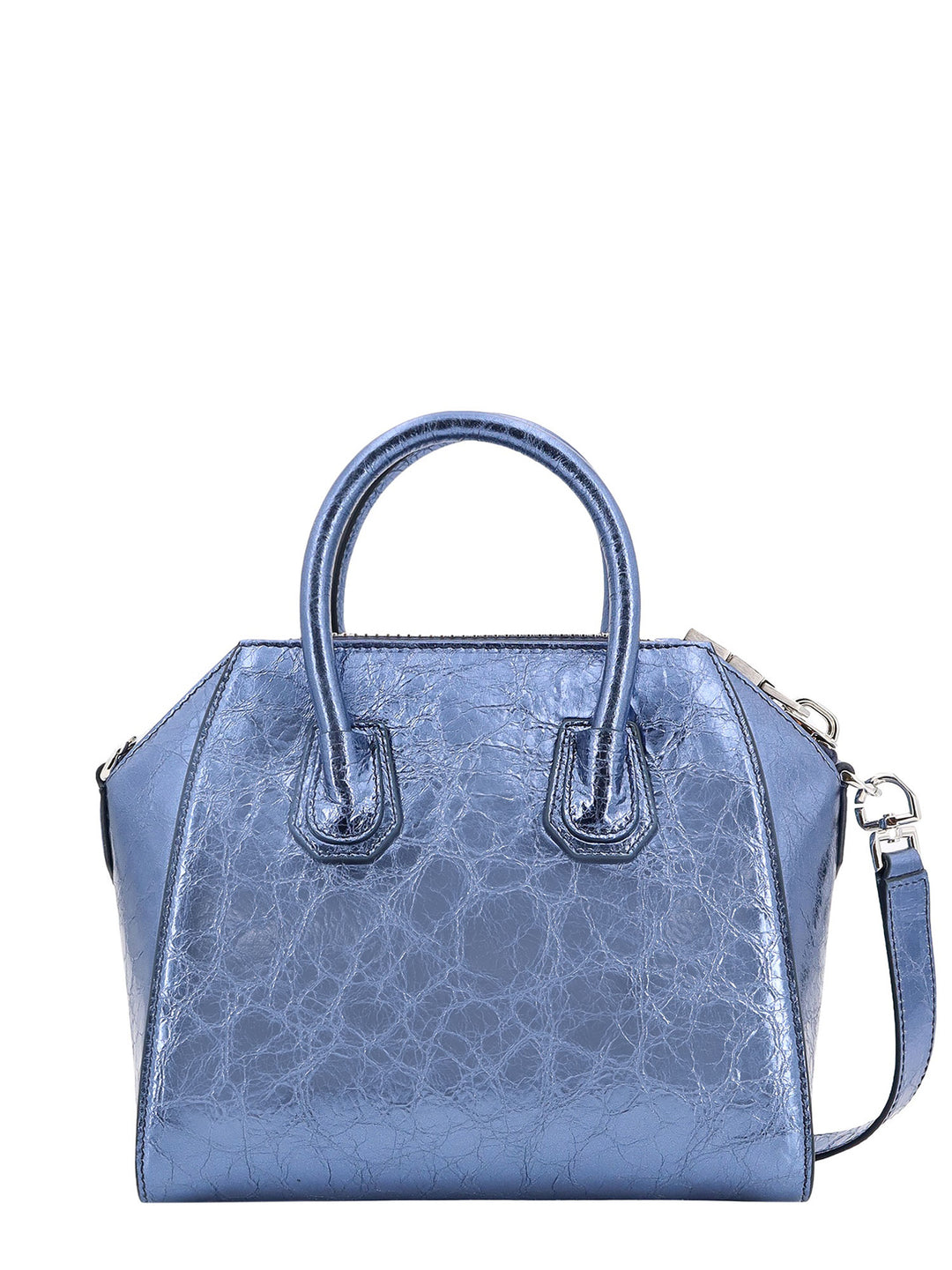 Laminated leather handbag with frontal logo