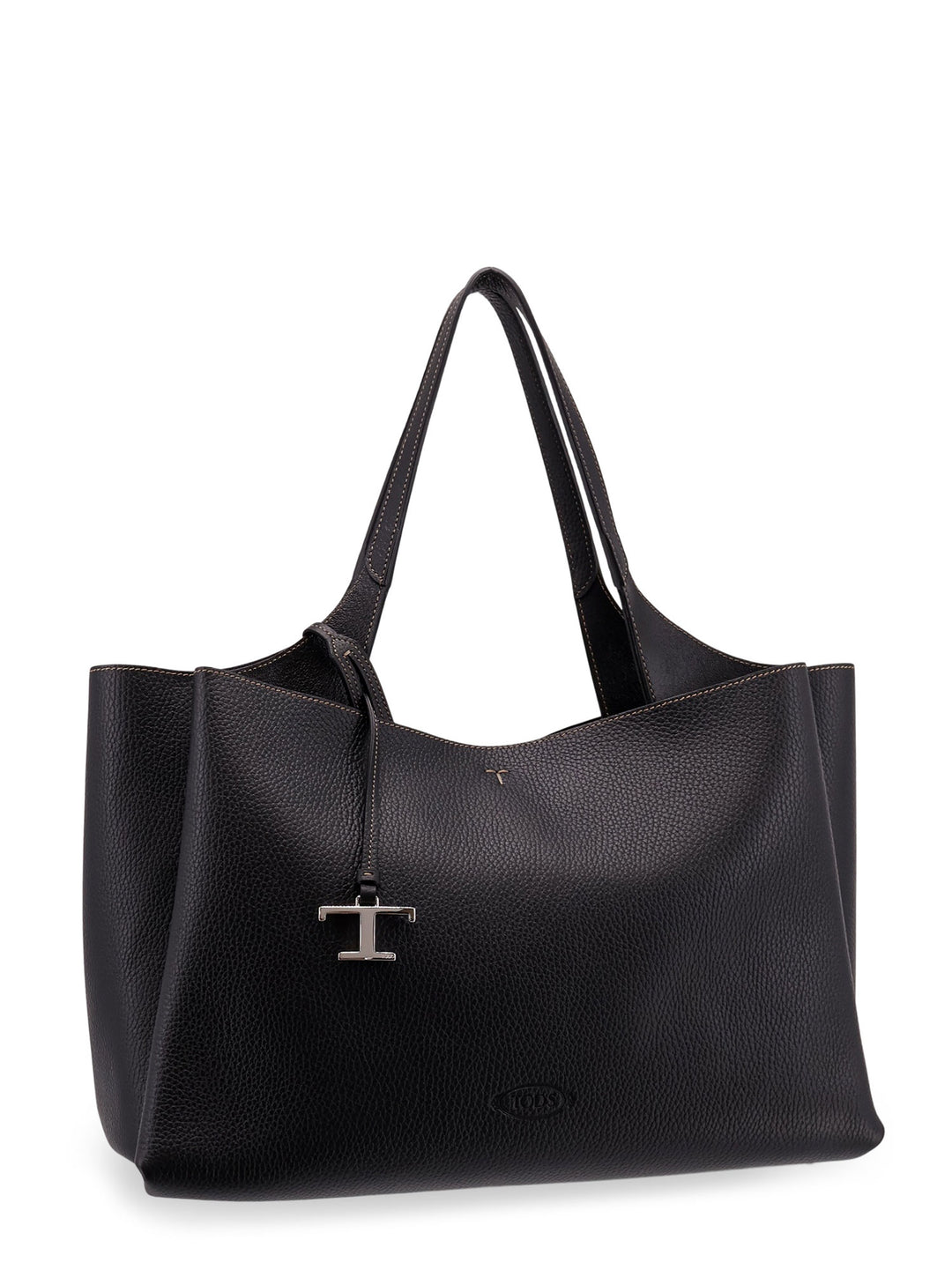 Medium leather shoulder bag with double leather handle, internal pockets and logo engraving