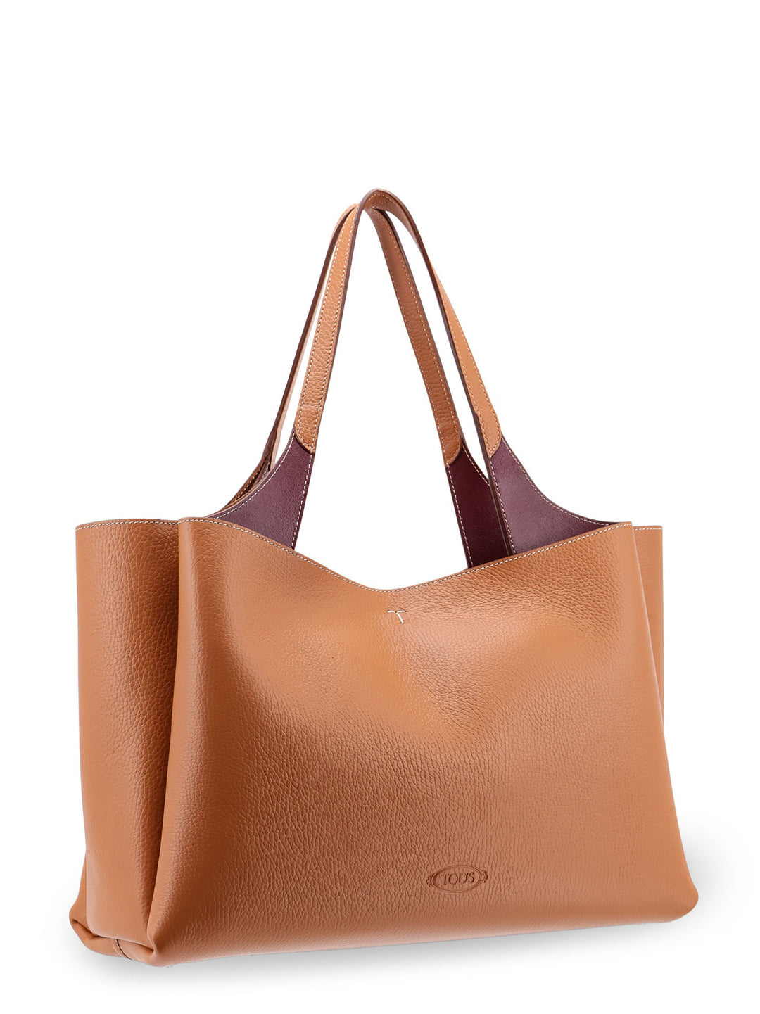 Medium leather shoulder bag with double leather handle, internal pockets and logo engraving