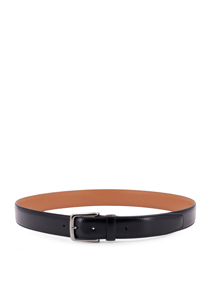 Leather belt with metal buckle, leather loop and stitched profile