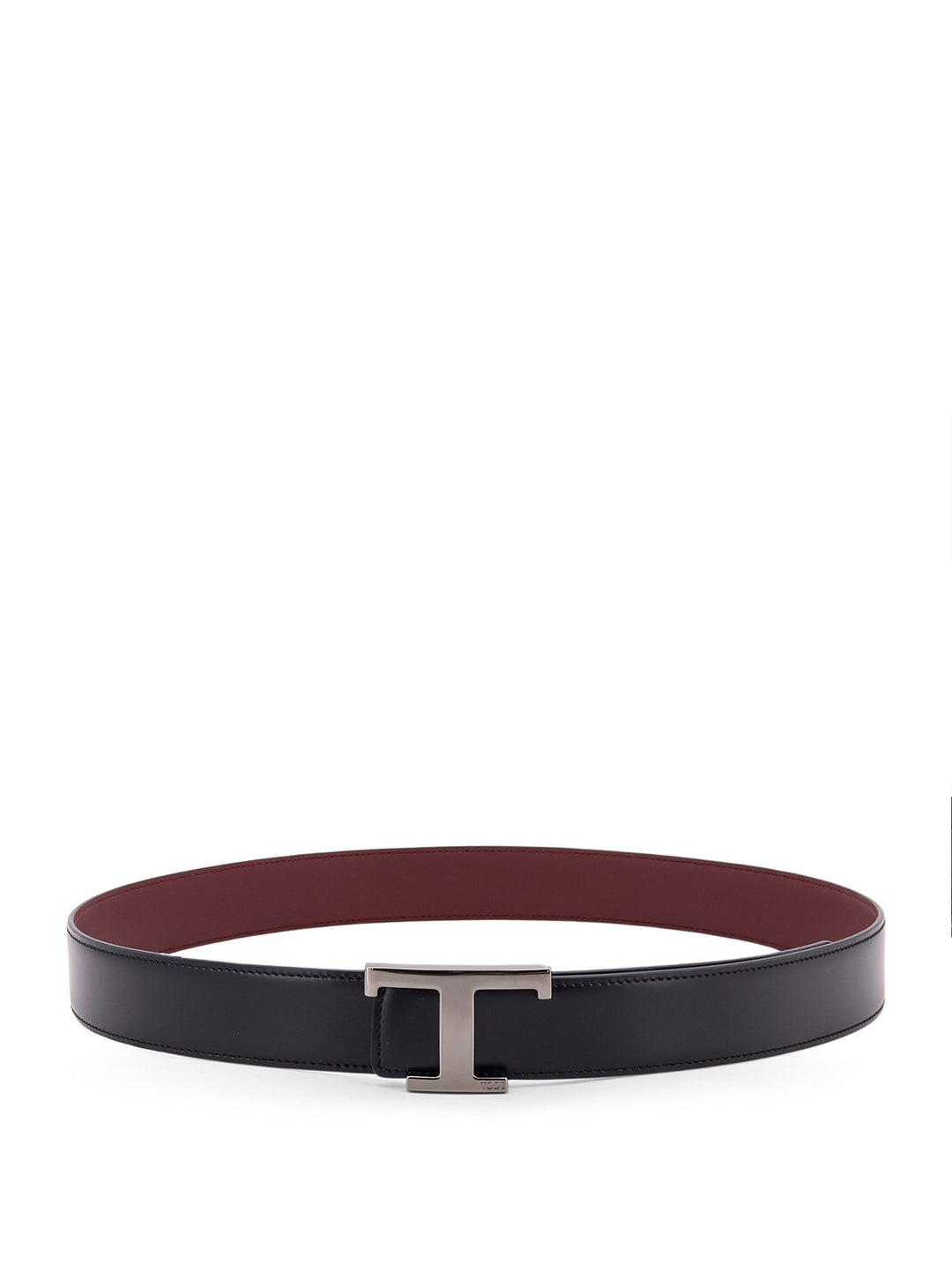 Reversible leather belt with T Timeless metal buckle and stitched profiles