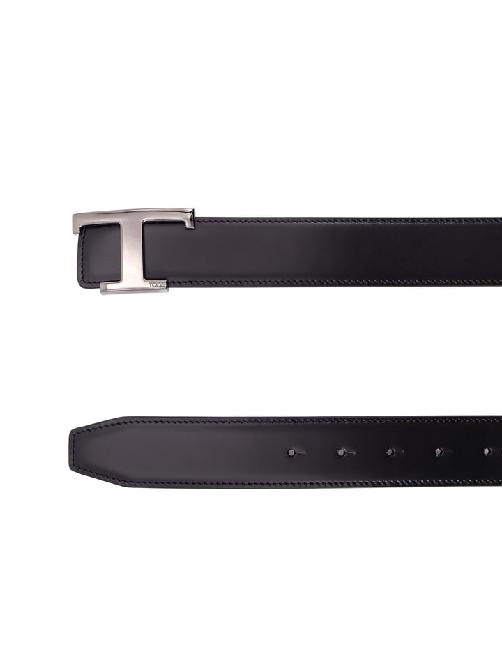 Reversible leather belt with T Timeless metal buckle and stitched profiles