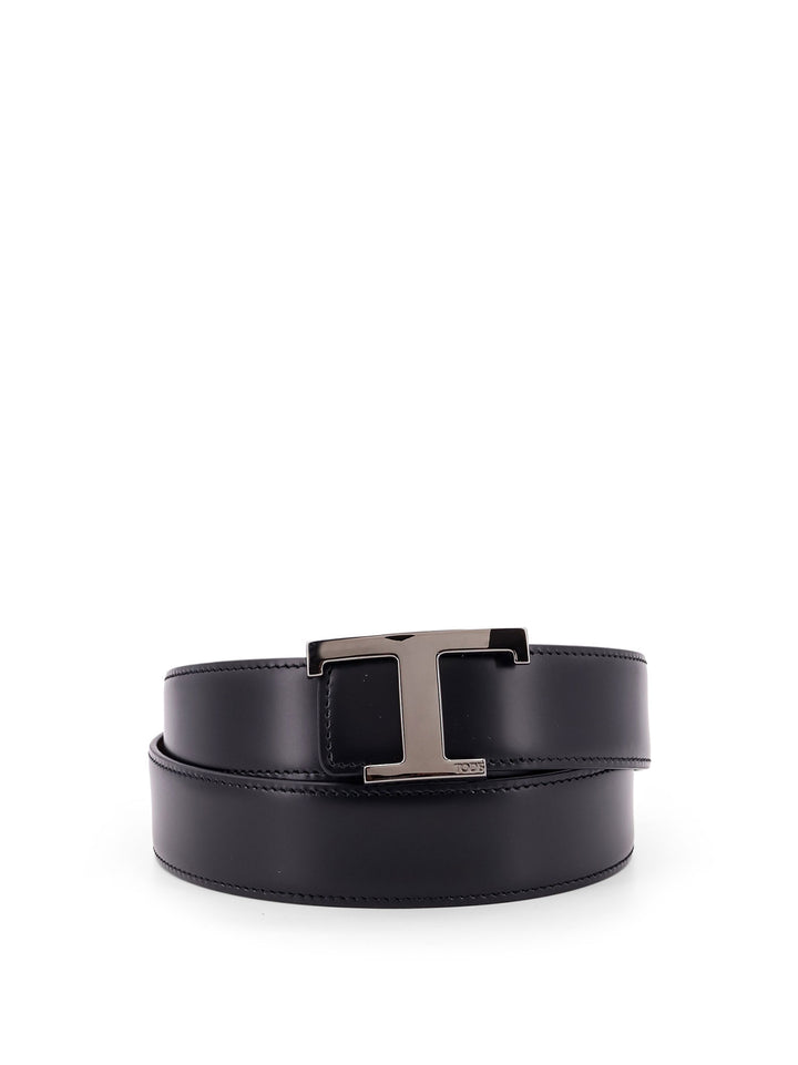 Reversible leather belt with T Timeless metal buckle and stitched profiles