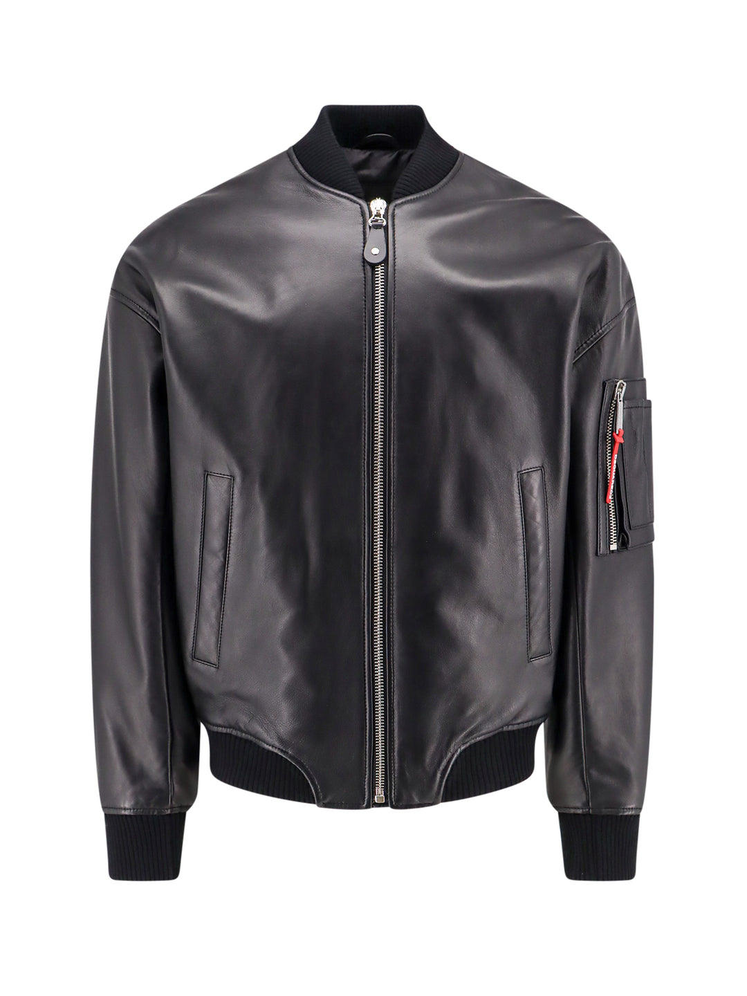 Leather jacket with logoed slider