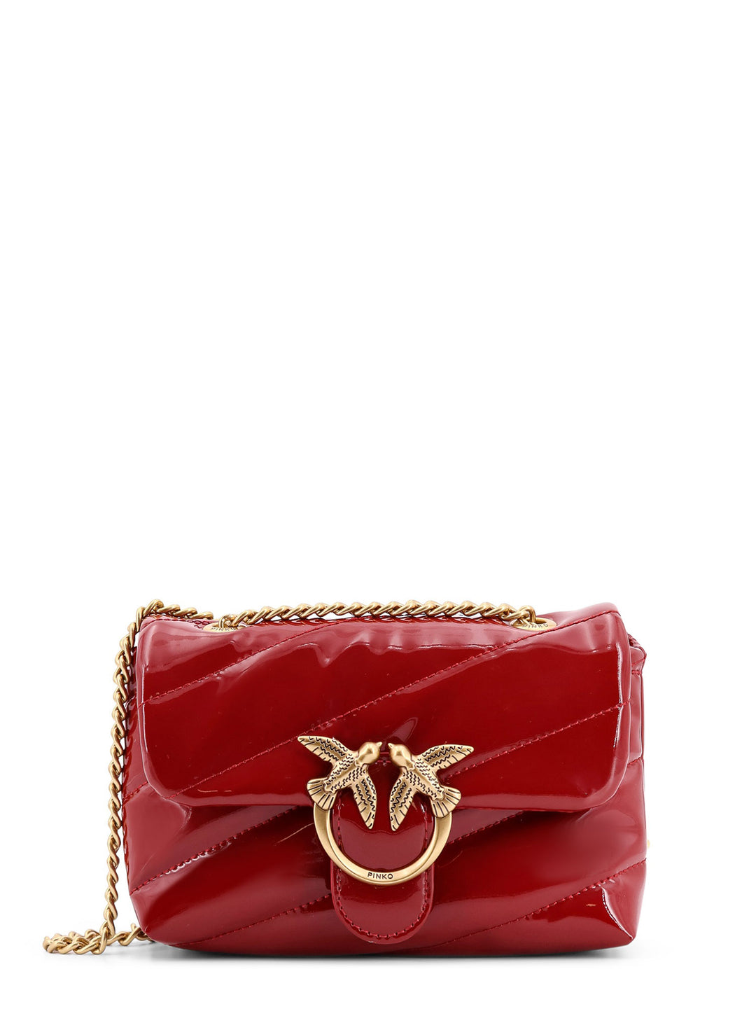 Patent material shoulder bag with Love Birds buckle