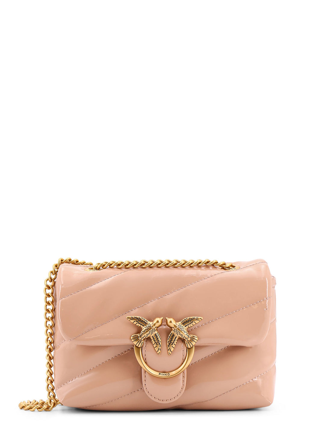 Patent material shoulder bag with Love Birds buckle