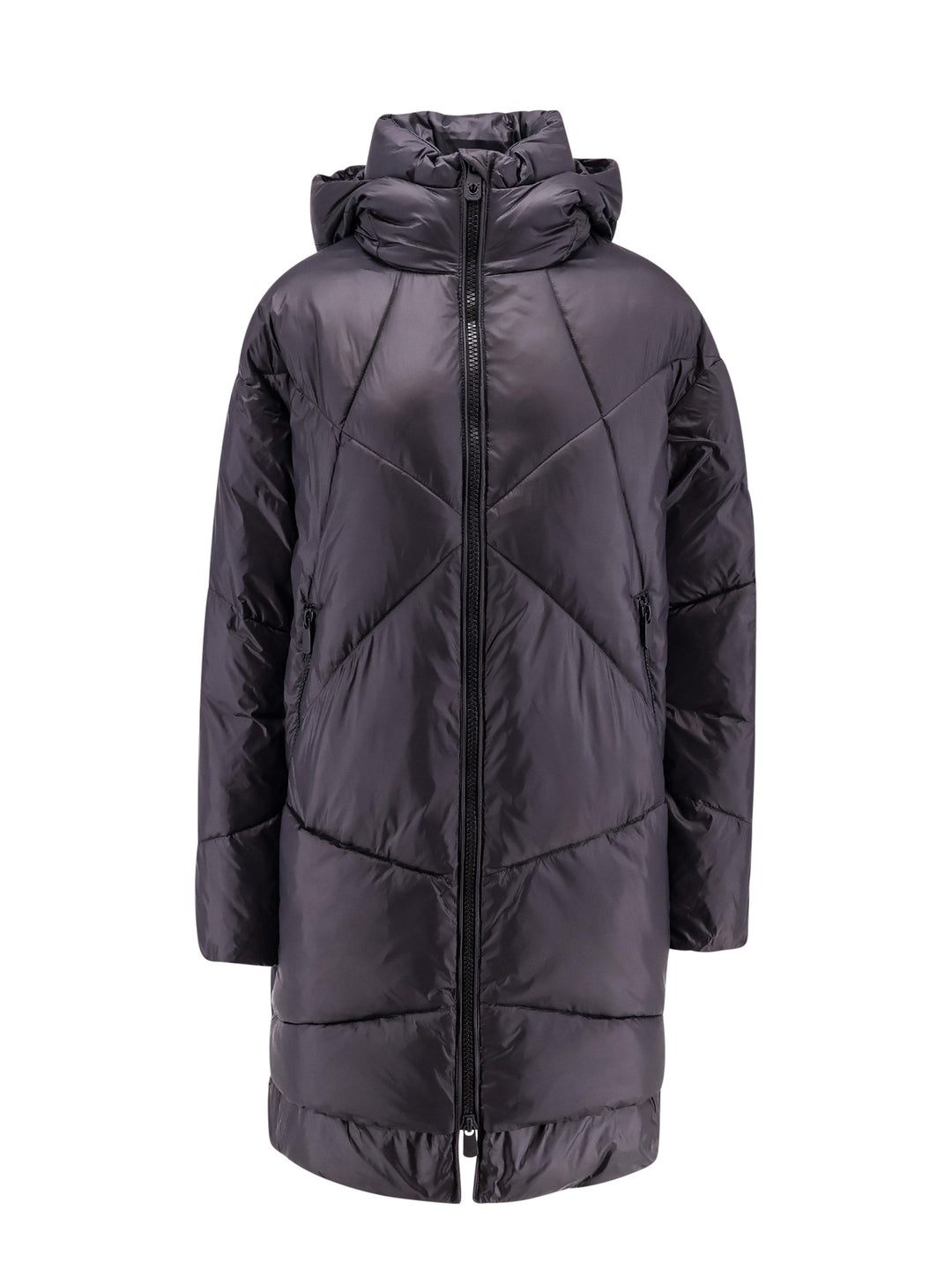 Padded and quilted hooded long jacket