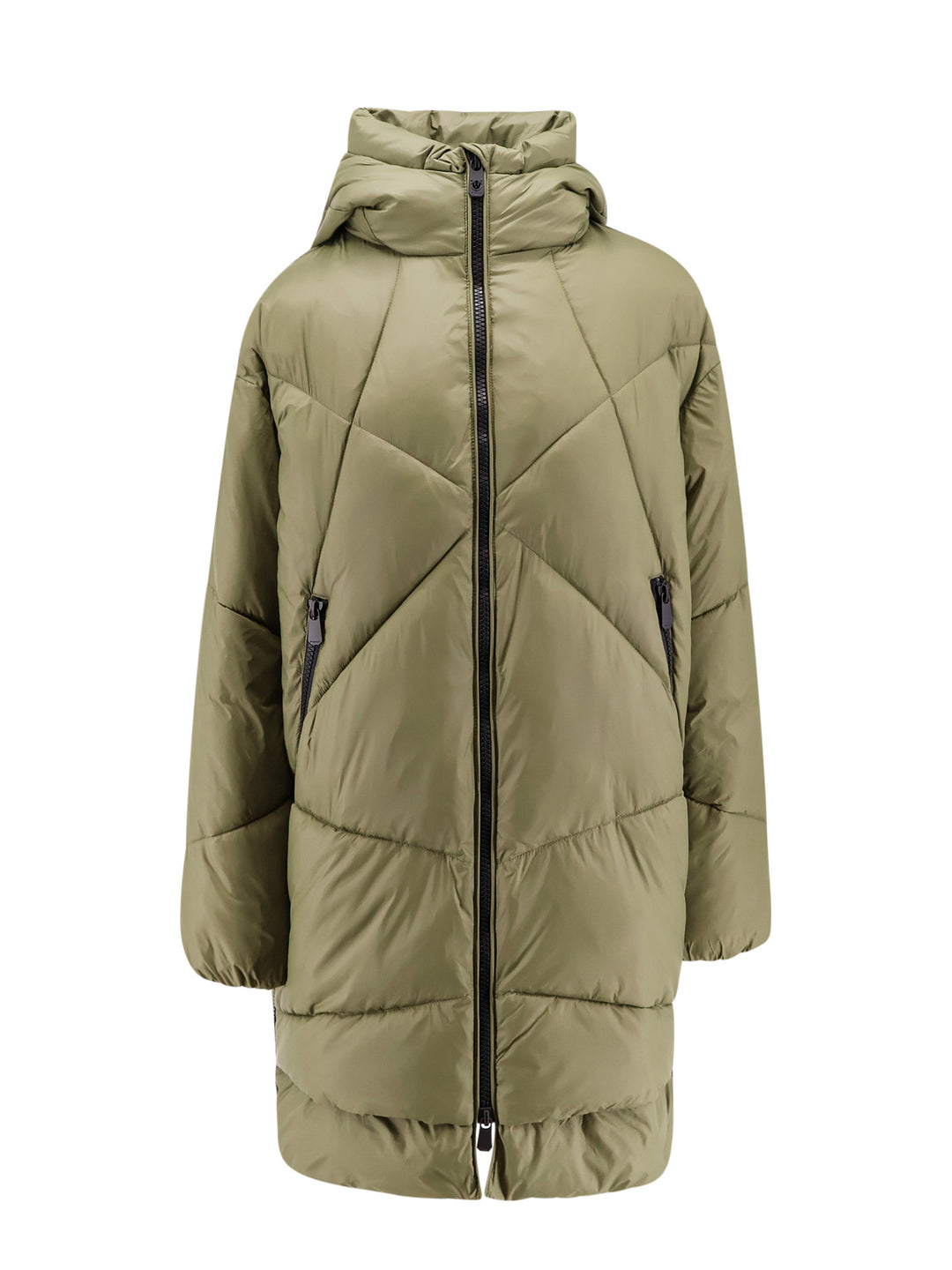 Padded and quilted hooded long jacket