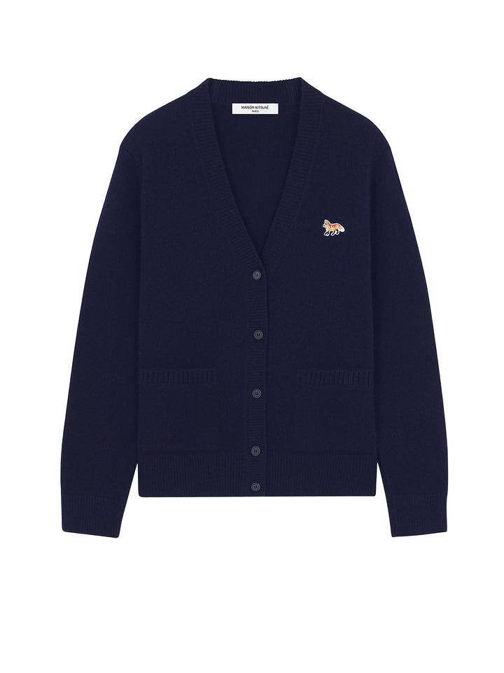 Wool melange cardigan with iconic embroidered logo patch on the front